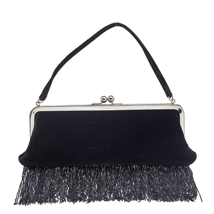 Pre Owned Dolce & Gabbana Black Velvet Fringe Clutch