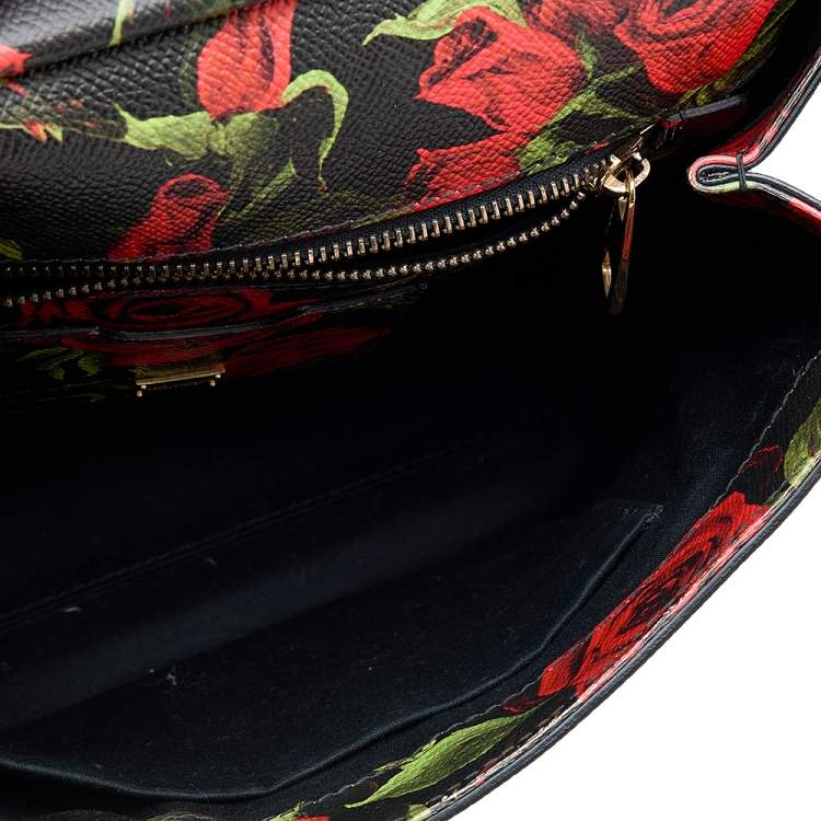 Pre Owned Dolce & Gabbana Black Rose Print Leather Medium Miss Sicily Top Handle Bag