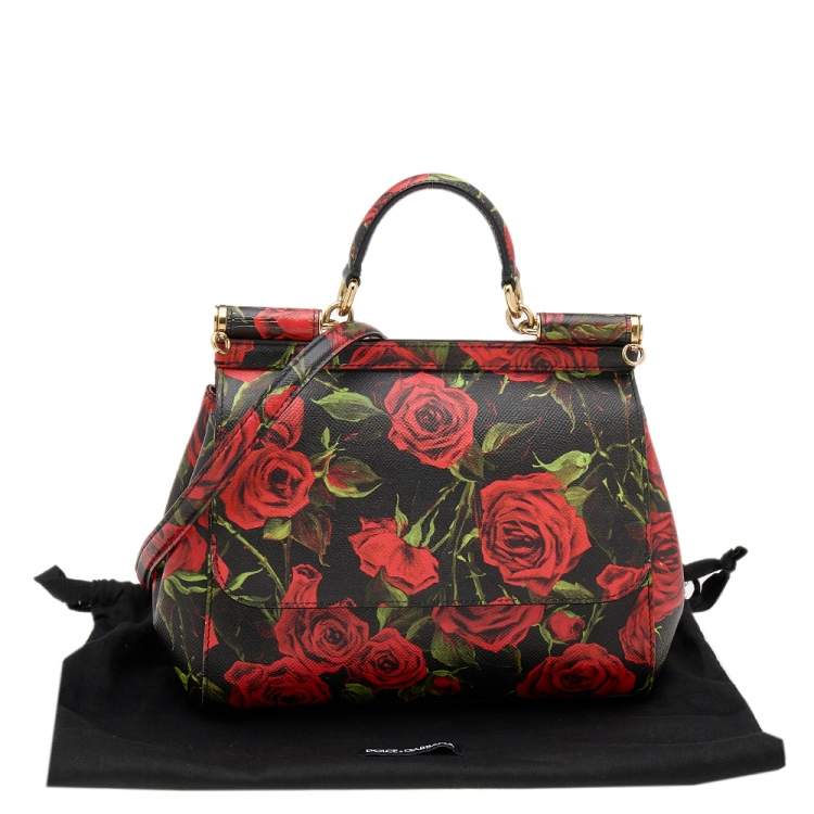 Pre Owned Dolce & Gabbana Black Rose Print Leather Medium Miss Sicily Top Handle Bag
