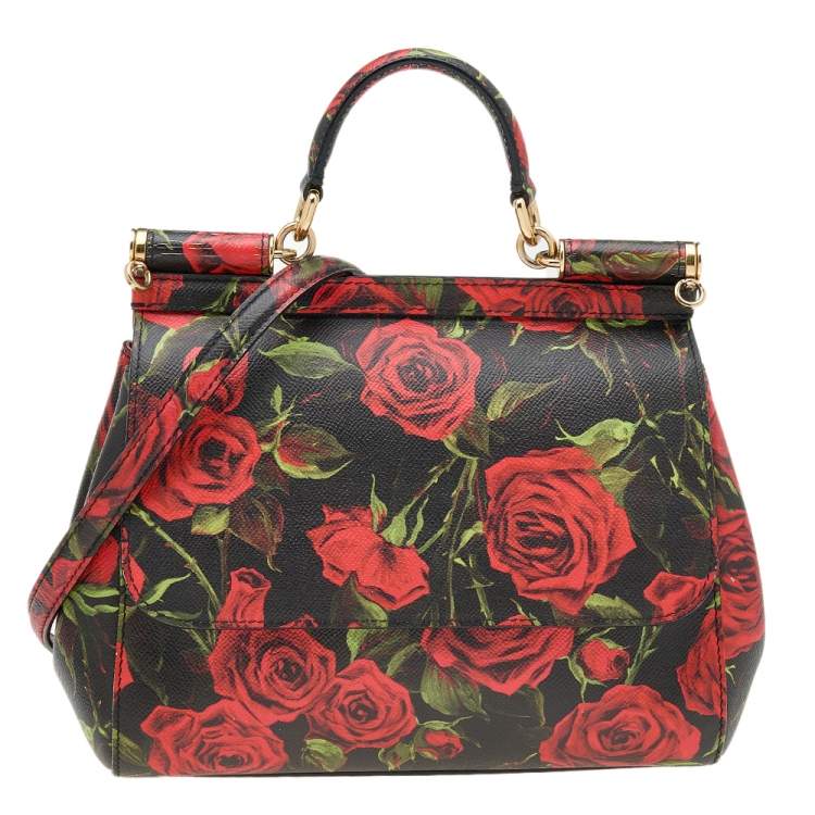 Pre Owned Dolce & Gabbana Black Rose Print Leather Medium Miss Sicily Top Handle Bag