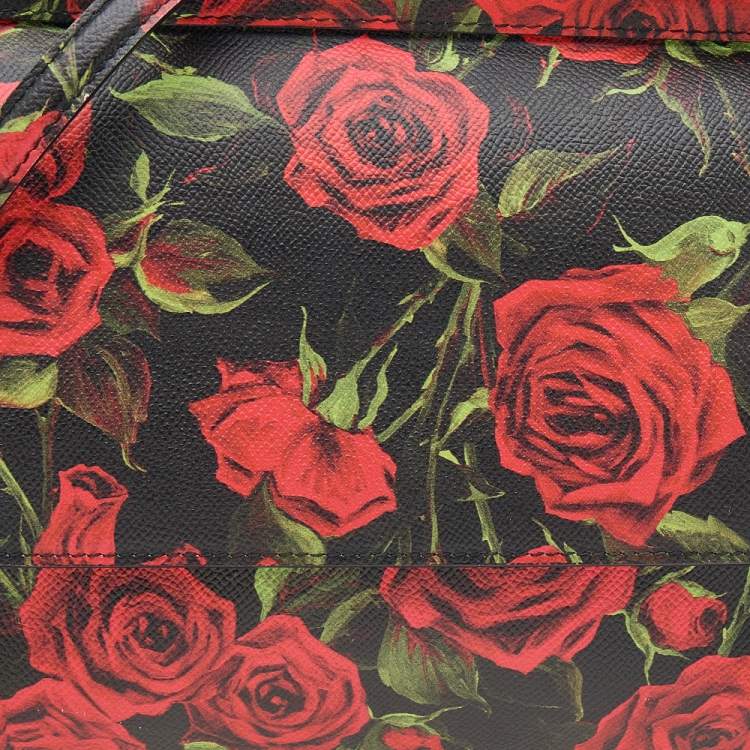 Pre Owned Dolce & Gabbana Black Rose Print Leather Medium Miss Sicily Top Handle Bag