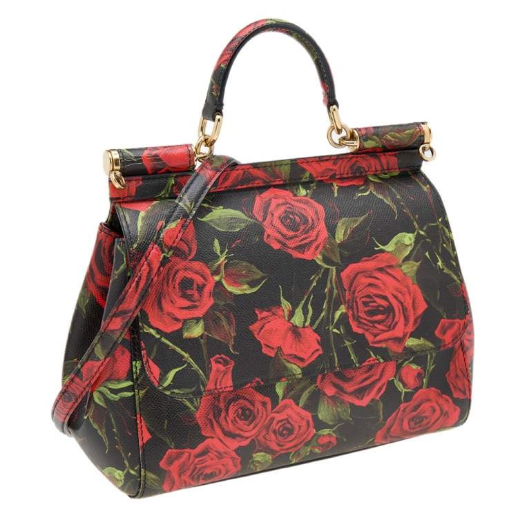 Pre Owned Dolce & Gabbana Black Rose Print Leather Medium Miss Sicily Top Handle Bag