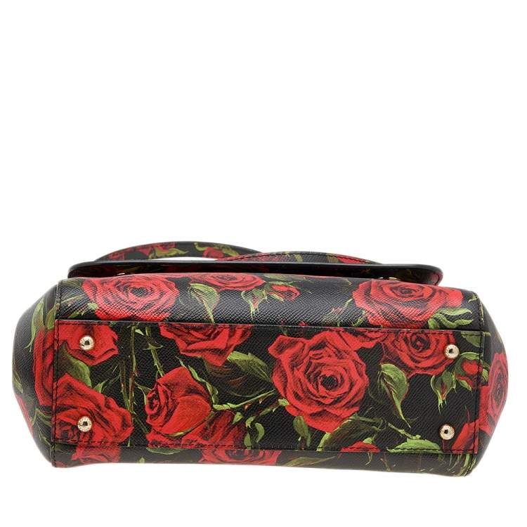 Pre Owned Dolce & Gabbana Black Rose Print Leather Medium Miss Sicily Top Handle Bag