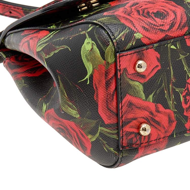Pre Owned Dolce & Gabbana Black Rose Print Leather Medium Miss Sicily Top Handle Bag