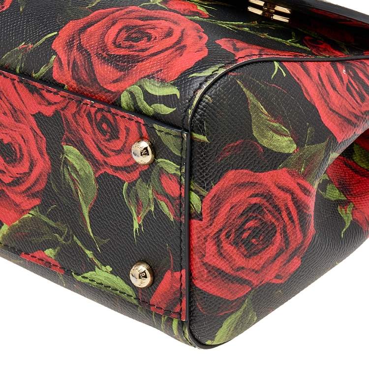 Pre Owned Dolce & Gabbana Black Rose Print Leather Medium Miss Sicily Top Handle Bag