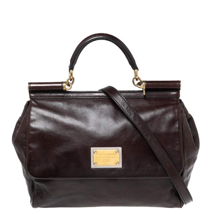 مملوكة مسبقًا Dolce & Gabbana Dark Brown Leather Large Miss Sicily Top Handle Bag