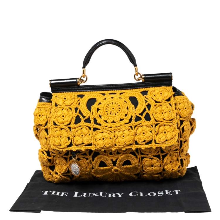 Pre Owned Dolce & Gabbana Black/Mustard Crochet and Leather Large Sicily Top Handle Bag