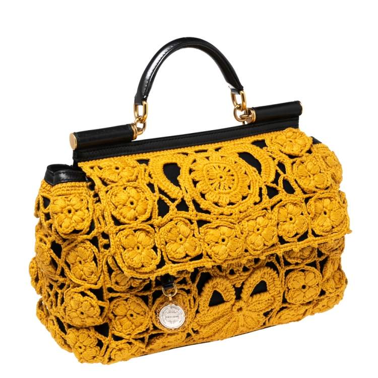 Pre Owned Dolce & Gabbana Black/Mustard Crochet and Leather Large Sicily Top Handle Bag