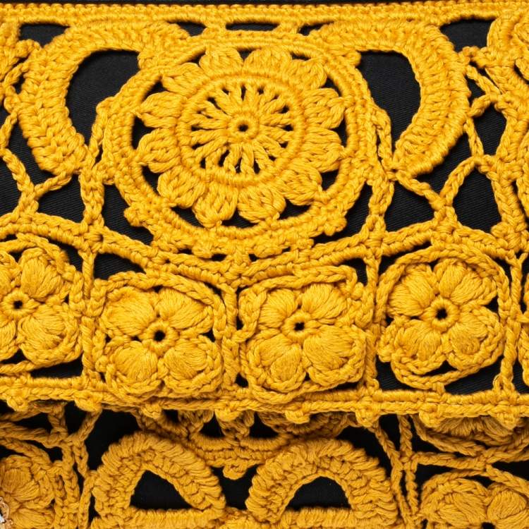 Pre Owned Dolce & Gabbana Black/Mustard Crochet and Leather Large Sicily Top Handle Bag