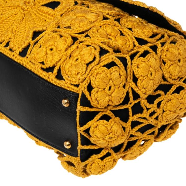 Pre Owned Dolce & Gabbana Black/Mustard Crochet and Leather Large Sicily Top Handle Bag