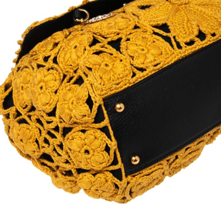 Pre Owned Dolce & Gabbana Black/Mustard Crochet and Leather Large Sicily Top Handle Bag