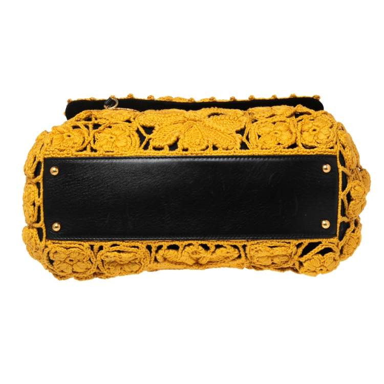 Pre Owned Dolce & Gabbana Black/Mustard Crochet and Leather Large Sicily Top Handle Bag