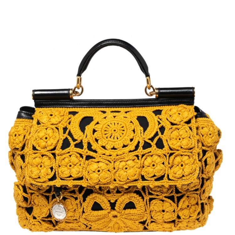 Pre Owned Dolce & Gabbana Black/Mustard Crochet and Leather Large Sicily Top Handle Bag