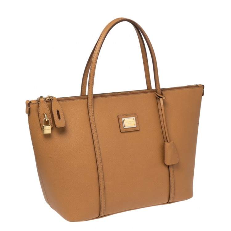 Pre Owned Dolce & Gabbana Tan Leather Miss Escape Top Zip Shopper Tote