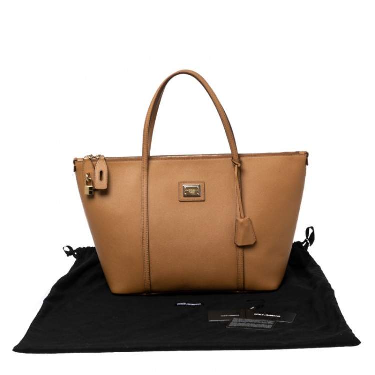 Pre Owned Dolce & Gabbana Tan Leather Miss Escape Top Zip Shopper Tote
