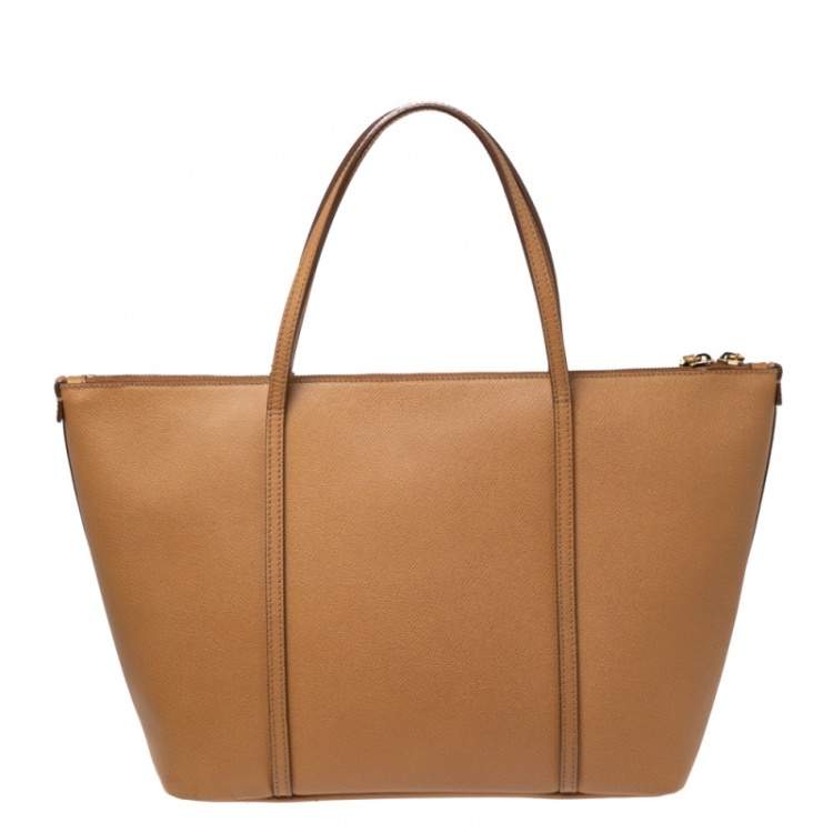 Pre Owned Dolce & Gabbana Tan Leather Miss Escape Top Zip Shopper Tote