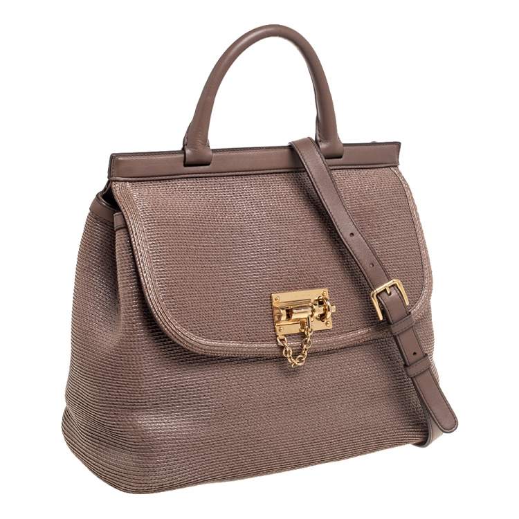 Pre Owned Dolce & Gabbana Dark Beige Leather and Coated Raffia Miss Monica Top Handle Bag