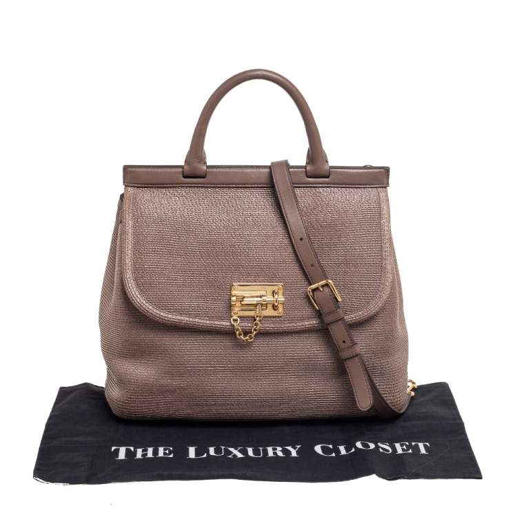 Pre Owned Dolce & Gabbana Dark Beige Leather and Coated Raffia Miss Monica Top Handle Bag