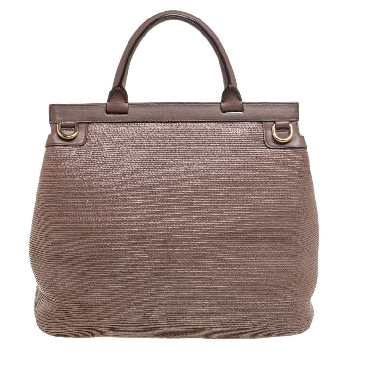 Pre Owned Dolce & Gabbana Dark Beige Leather and Coated Raffia Miss Monica Top Handle Bag
