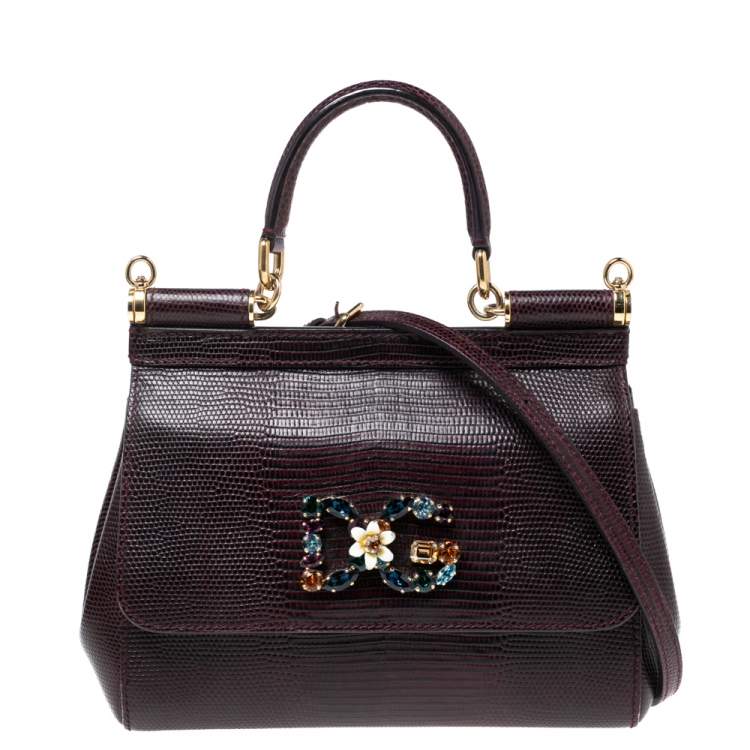 Pre Owned Dolce & Gabbana Burgundy Lizard Embossed Leather Small Crystal DG Logo Sicily Top Handle Bag