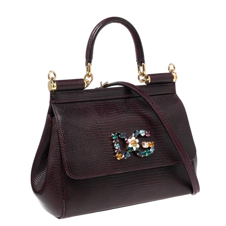 Pre Owned Dolce & Gabbana Burgundy Lizard Embossed Leather Small Crystal DG Logo Sicily Top Handle Bag