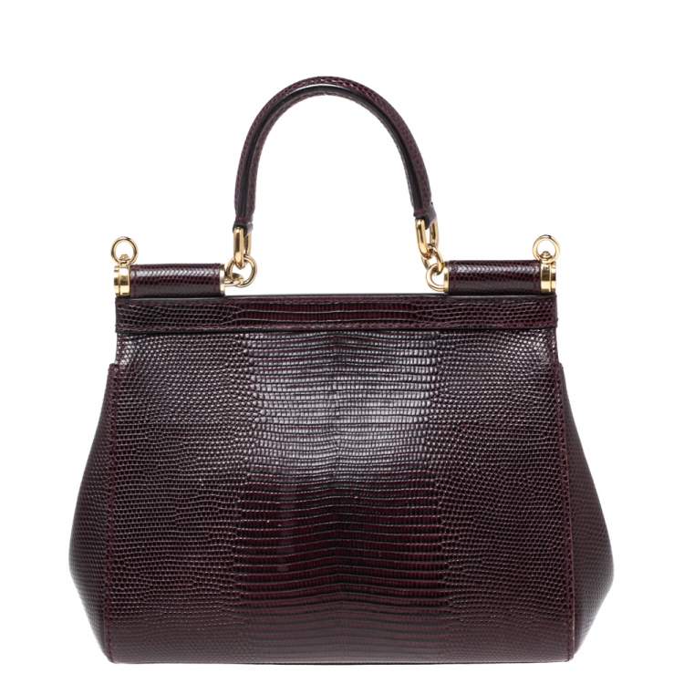 Pre Owned Dolce & Gabbana Burgundy Lizard Embossed Leather Small Crystal DG Logo Sicily Top Handle Bag
