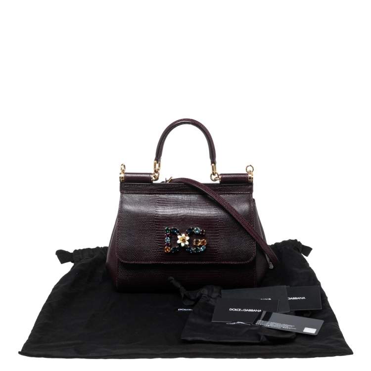 Pre Owned Dolce & Gabbana Burgundy Lizard Embossed Leather Small Crystal DG Logo Sicily Top Handle Bag