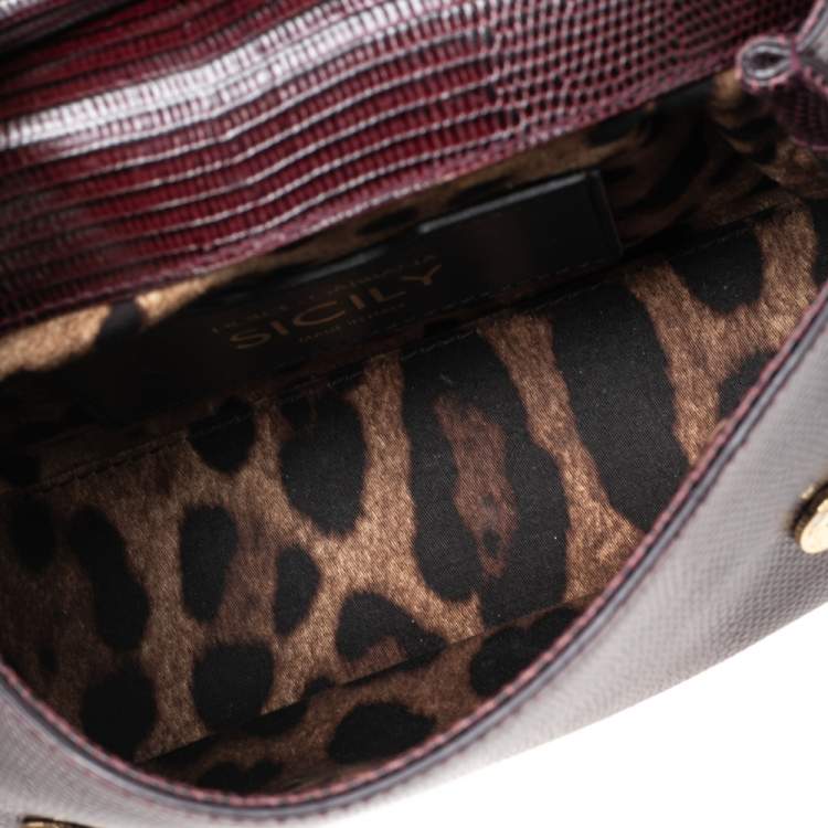Pre Owned Dolce & Gabbana Burgundy Lizard Embossed Leather Small Crystal DG Logo Sicily Top Handle Bag