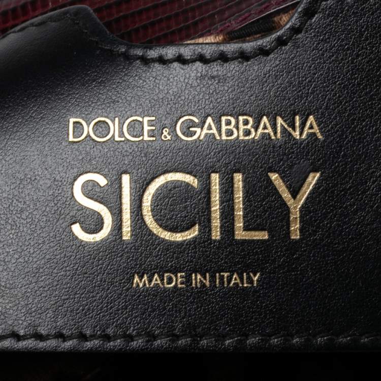 Pre Owned Dolce & Gabbana Burgundy Lizard Embossed Leather Small Crystal DG Logo Sicily Top Handle Bag