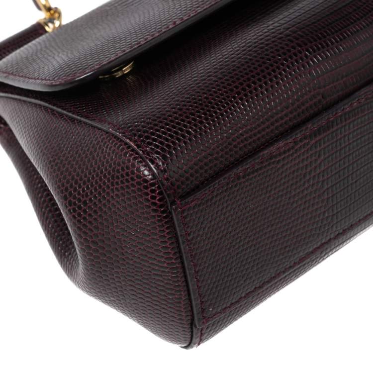 Pre Owned Dolce & Gabbana Burgundy Lizard Embossed Leather Small Crystal DG Logo Sicily Top Handle Bag