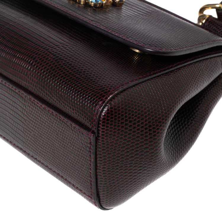 Pre Owned Dolce & Gabbana Burgundy Lizard Embossed Leather Small Crystal DG Logo Sicily Top Handle Bag