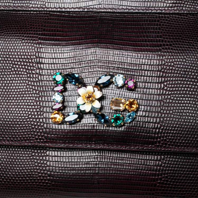 Pre Owned Dolce & Gabbana Burgundy Lizard Embossed Leather Small Crystal DG Logo Sicily Top Handle Bag