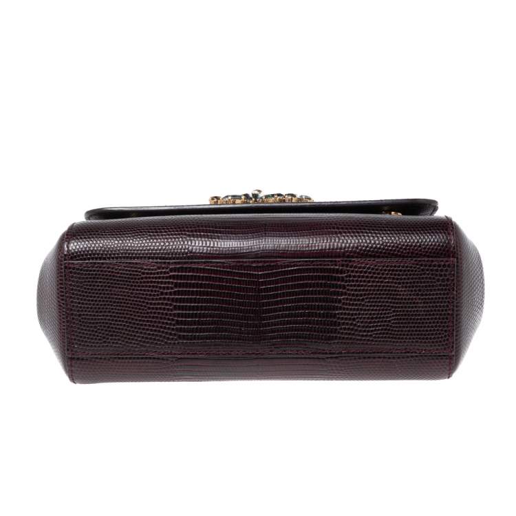 Pre Owned Dolce & Gabbana Burgundy Lizard Embossed Leather Small Crystal DG Logo Sicily Top Handle Bag