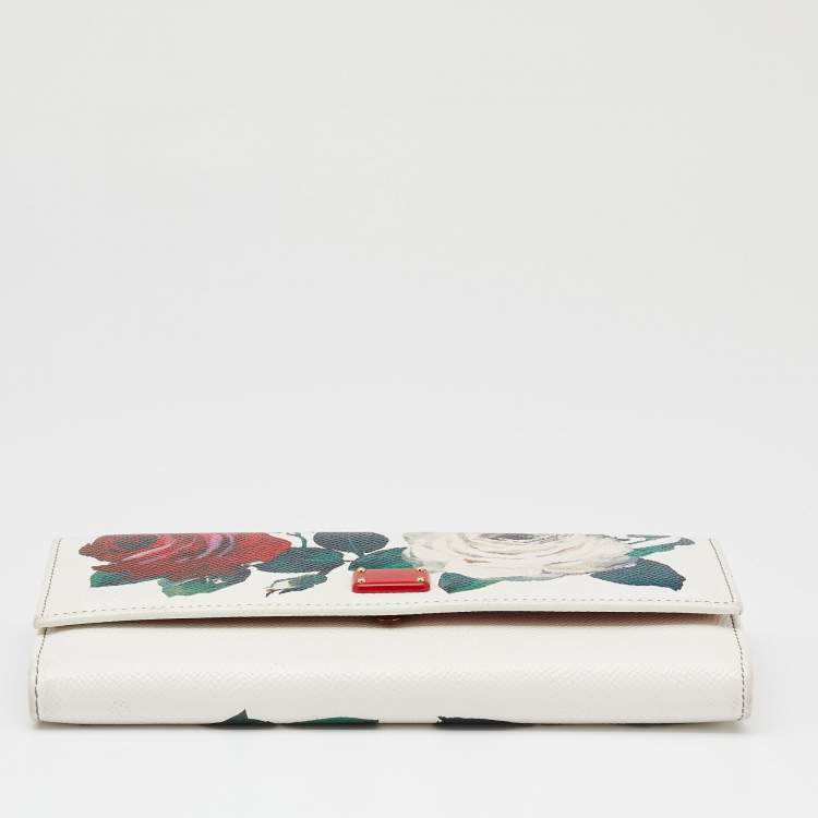 Pre Owned Dolce & Gabbana White Leather Floral Print Dauphine Continental Wallet
