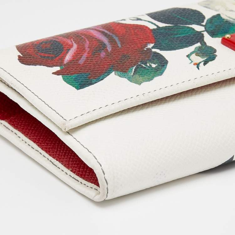 Pre Owned Dolce & Gabbana White Leather Floral Print Dauphine Continental Wallet