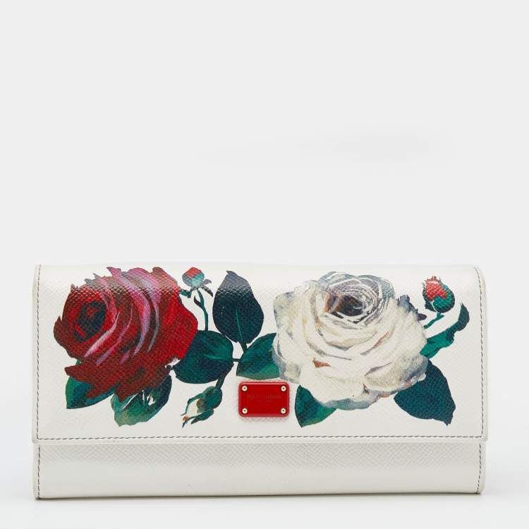 Pre Owned Dolce & Gabbana White Leather Floral Print Dauphine Continental Wallet