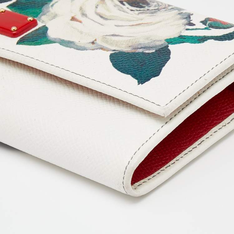 Pre Owned Dolce & Gabbana White Leather Floral Print Dauphine Continental Wallet