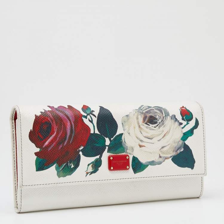 Pre Owned Dolce & Gabbana White Leather Floral Print Dauphine Continental Wallet