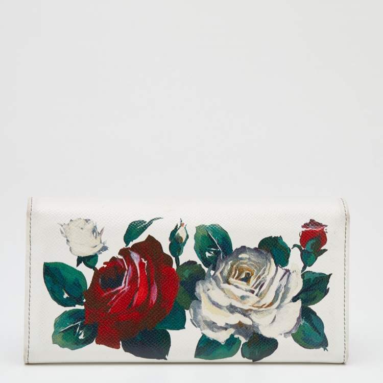 Pre Owned Dolce & Gabbana White Leather Floral Print Dauphine Continental Wallet