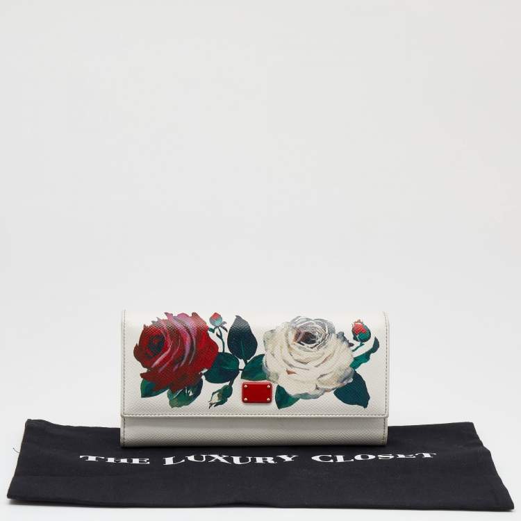 Pre Owned Dolce & Gabbana White Leather Floral Print Dauphine Continental Wallet