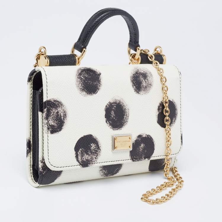 مملوكة مسبقًا Dolce & Gabbana White/Black Polka Dot Leather Miss Sicily Von Wallet on Chain