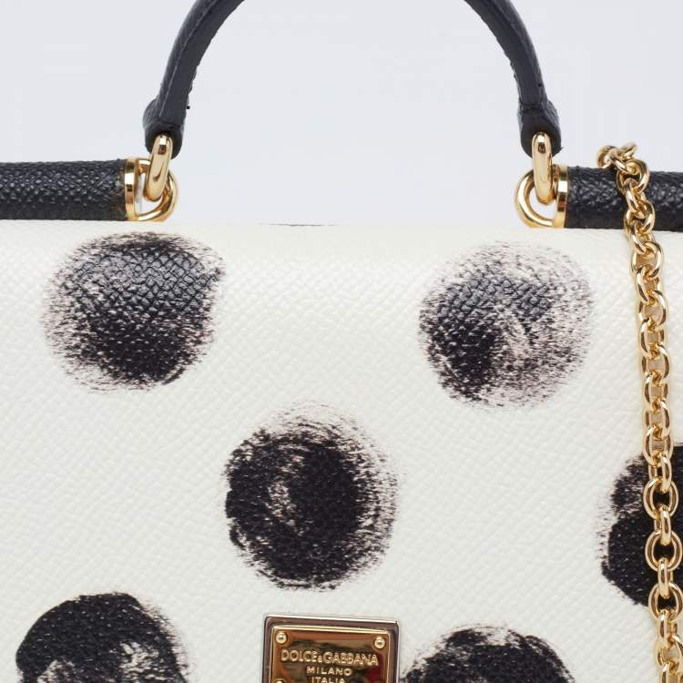 مملوكة مسبقًا Dolce & Gabbana White/Black Polka Dot Leather Miss Sicily Von Wallet on Chain