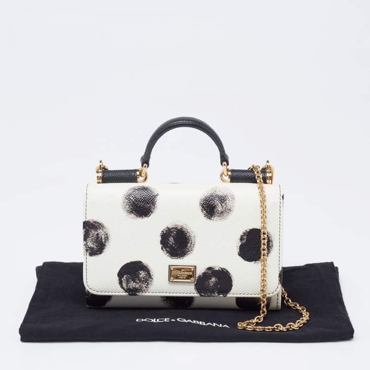 مملوكة مسبقًا Dolce & Gabbana White/Black Polka Dot Leather Miss Sicily Von Wallet on Chain