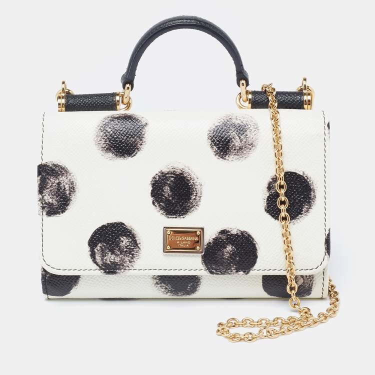 مملوكة مسبقًا Dolce & Gabbana White/Black Polka Dot Leather Miss Sicily Von Wallet on Chain