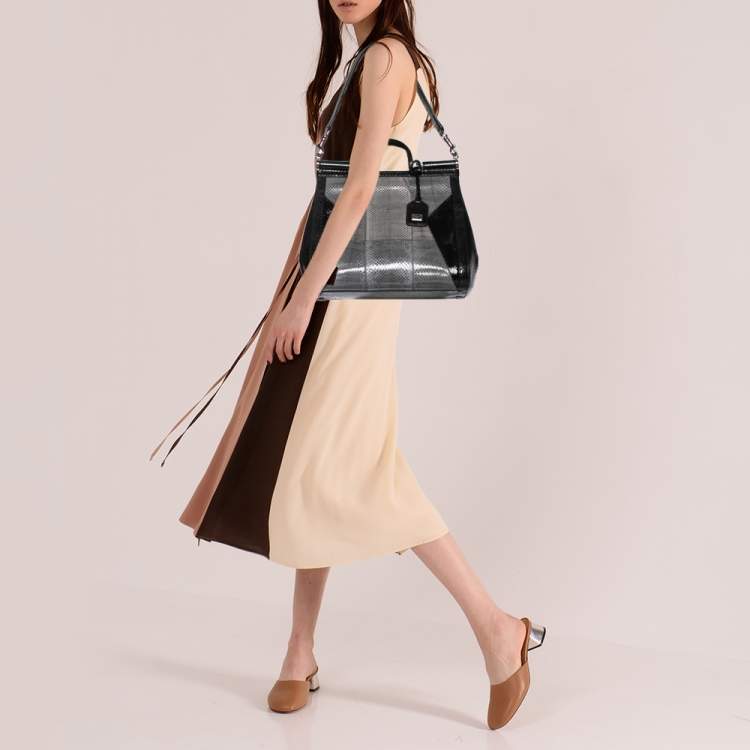 Pre Owned Dolce & Gabbana Black/Grey Snakskin Medium Miss Sicily Top Handle Bag