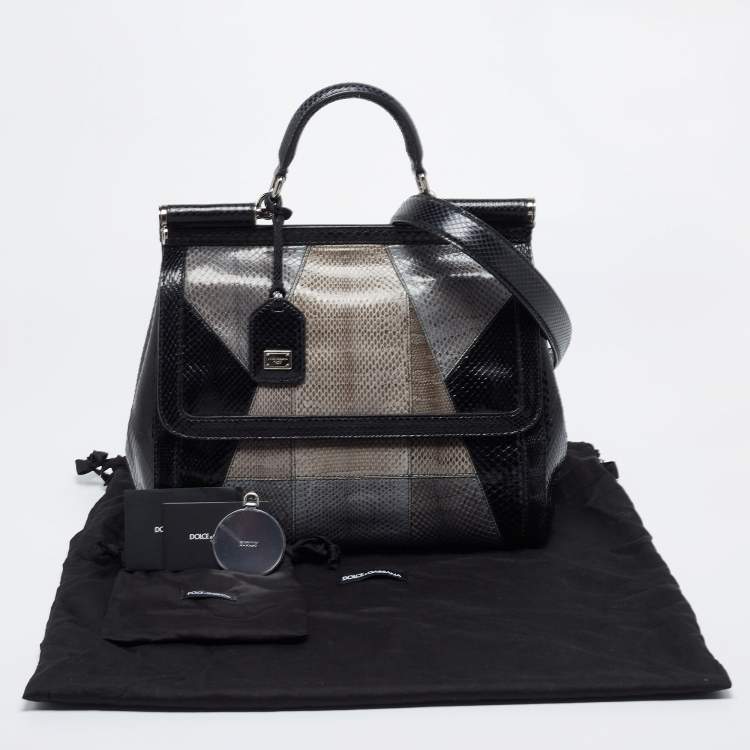 Pre Owned Dolce & Gabbana Black/Grey Snakskin Medium Miss Sicily Top Handle Bag
