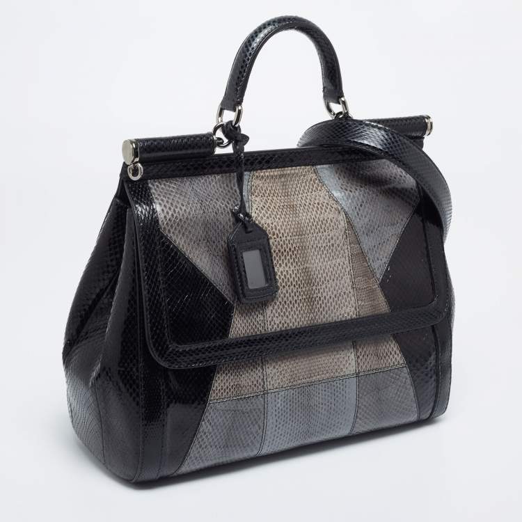 Pre Owned Dolce & Gabbana Black/Grey Snakskin Medium Miss Sicily Top Handle Bag
