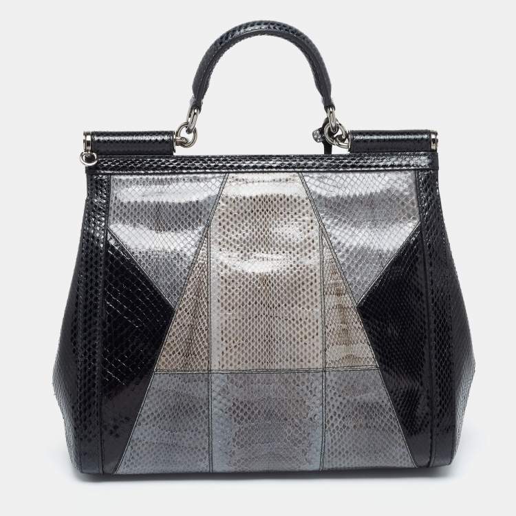 Pre Owned Dolce & Gabbana Black/Grey Snakskin Medium Miss Sicily Top Handle Bag
