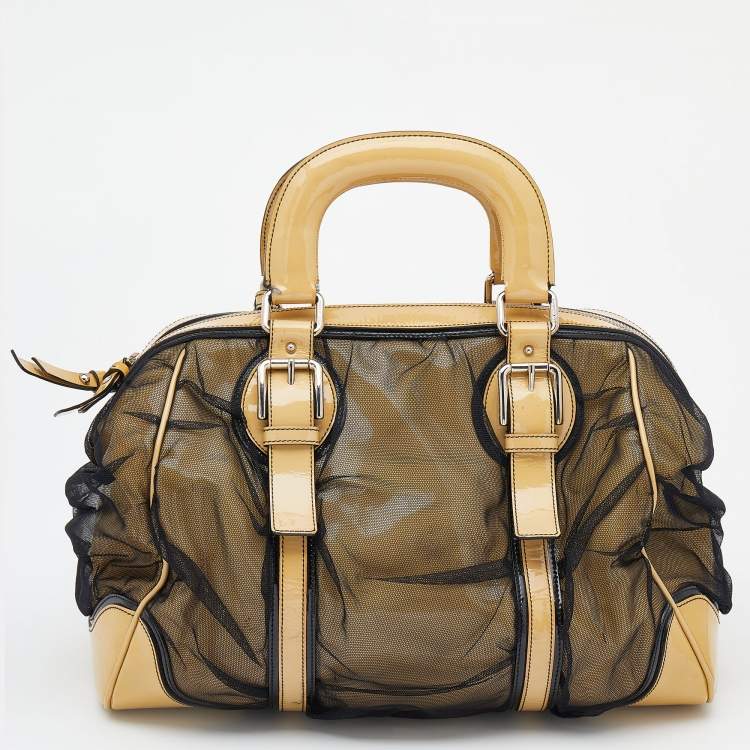 Pre Owned Dolce & Gabbana Beige/Black Patent Leather And Mesh Miss Romantique Satchel