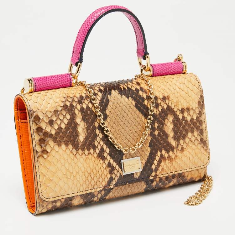 Pre Owned Dolce & Gabbana Pink/Peach Python and Leather Sicily Wallet on Chain 